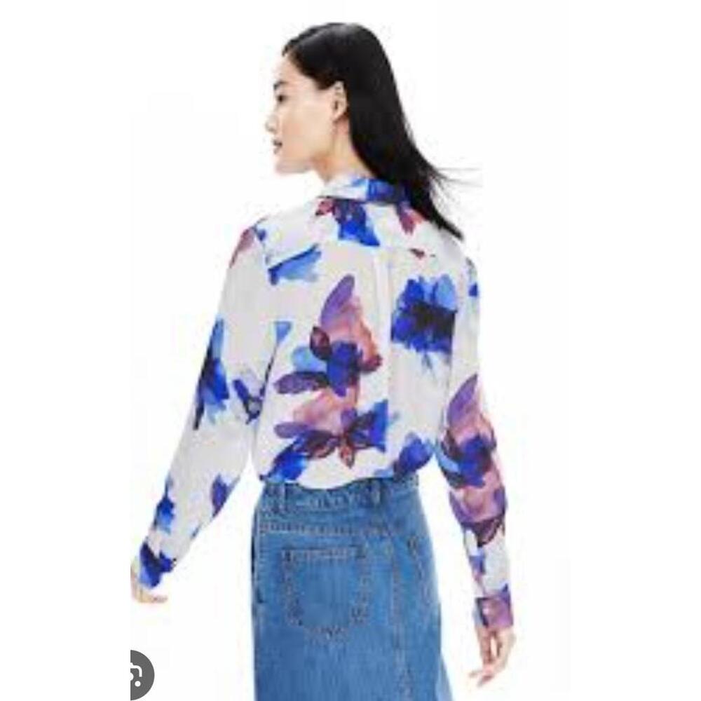 Banana Republic Women's Shirt L White/Blue Floral Water Color Sheer Long Sleeve - Picture 2 of 7